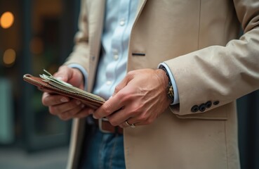 Business man pulls cash from brown leather wallet. Hands close-up, wearing jacket, light shirt. Finance, payment, earning concepts are shown. Shopping, salary, budget, financial.