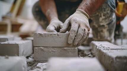 Builder installing concrete blocks at a construction site. Featuring strength and focus
