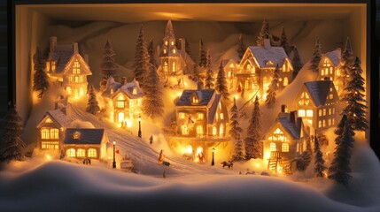 Fototapeta premium A miniature illuminated winter village scene with many houses displayed