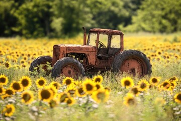 Obraz premium Rusty old tractor sits abandoned in a vibrant sunflower field, a nostalgic scene of rural life.