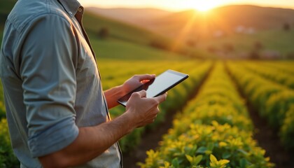 Farmer uses tablet in field. Modern tech in agriculture, smart farming concept. Man inspects crop, controls harvest. Rural landscape at sunset. Digital tools for small business.