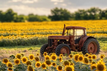 Rustic, rusty tractor sits in a vibrant field of sunflowers at sunset, evoking a sense of nostalgia and rural charm.