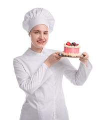 Happy confectioner in uniform holding delicious cake with berries on white background