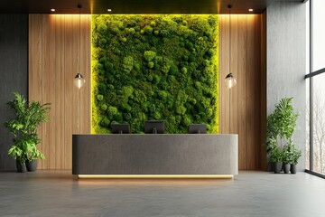 A modern reception area with a moss wall, desk, plants, and sleek design elements creating a welcoming space