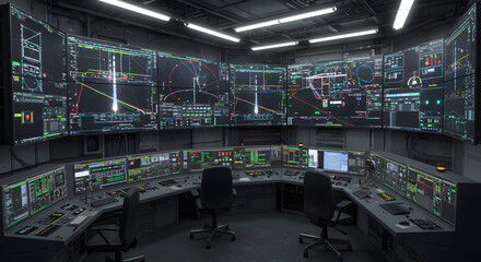High-tech control room with multiple monitors displaying complex data visualizations, illuminated by fluorescent lights and featuring several operator chairs.