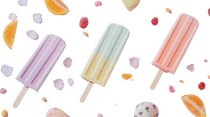 Popsicles in pastel colors with fruit bits, melting slightly, isolated on white background, top view PNG