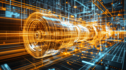 Langgezogene Turbine als digitaler Matrix-Zeichnung in Orange, das Innere einer modernen Produktionshalle, Querformat