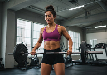 Confident female weightlifter lifting barbell with focus and strength in a fitness gym