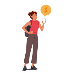 Young woman cartoon character using mobile phone for online payment during shopping on internet