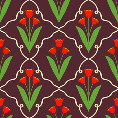seamless pattern with tulips on dark background. Elegant Endless Design ideal for Fabric, Wrapping Paper. spring summer Garden.
