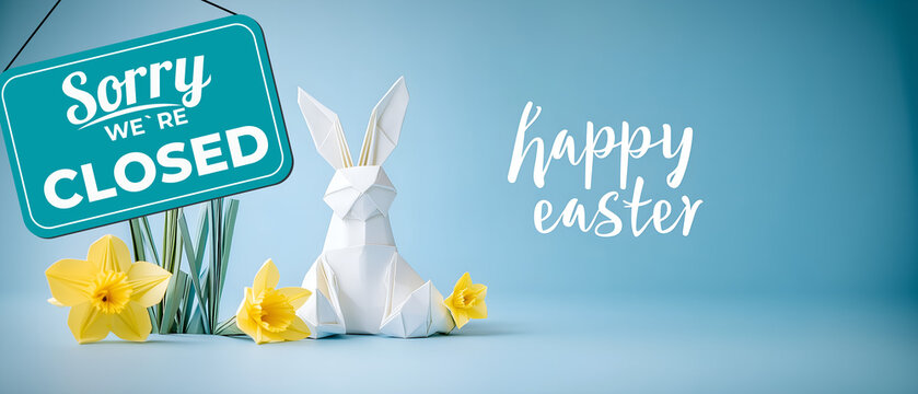 "sorry we're closed" with "happy easter"; znak / banner z życzeniami w języku angielskim i informacją o przerwie świątecznej; kartka z życzeniami świątecznymi i figurkami origami: żonkile i zajączek