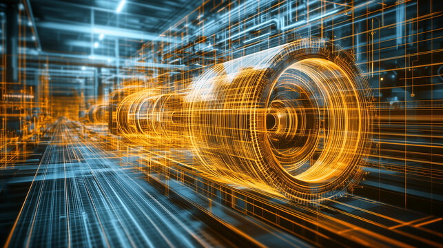 Digitale Turbine in einer futuristischen Produktionshalle, Darstellung der Industrie der Zukunft, Querformat