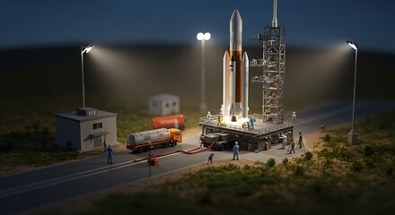 Rocket Launch Pad at Night with Support Team