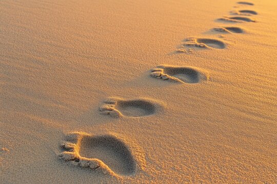Footprints in golden sand at sunset, a journey's trace.