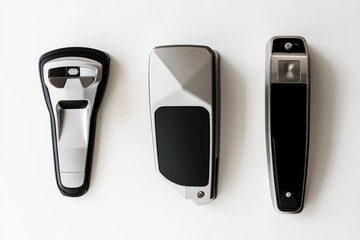 Three sleek, modern electronic devices, possibly key fobs or access controls, arranged on a white background.