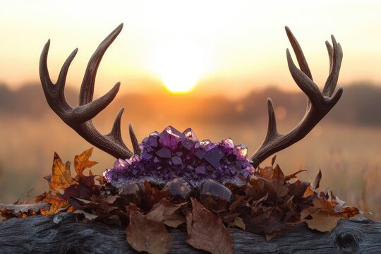 Amethyst geode rests on autumn leaves and deer antlers at sunset, serene nature scene. - Powered by Adobe