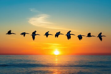 Silhouetted pelicans fly in formation over a vibrant sunset ocean.