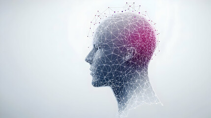 Abstract Digital Profile Silhouette Of A Head With Dot Particles And Blue Purple Hues Over White Background