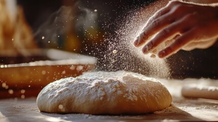 Baker dusting flour onto fresh dough. Featuring texture and tradition