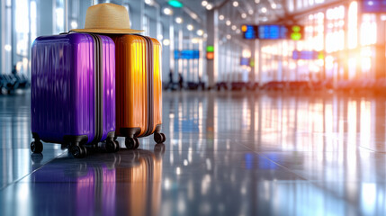 Ab in den Sommerurlaub mit den gepackten Koffern vom Flughafen aus, isolierte Freifl&auml;che, Querformat, Sommerfeeling