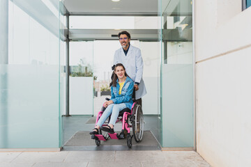 Doctor accompanies young woman with cerebral palsy exiting medical facility - They leave together after appointment through accessible entrance - Concept of cerebral palsy