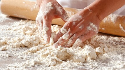 Baker kneading dough on a floured countertop. Featuring tradition and texture