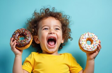 Joyful child screams with happiness holding donuts with chocolate and white icing on blue background. Emotional girl eat tasty sweets for kids. Fun, happiness, tasty dessert for kids.