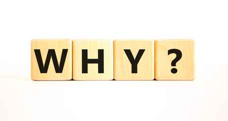 Why question symbol. Concept word Why question on beautiful wooden blocks. Beautiful white table...