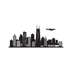 Fototapeta premium Chicago Skyline Silhouette with Airplane.A simple, black and white silhouette of the Chicago skyline, featuring iconic skyscrapers and a commercial airplane in flight.