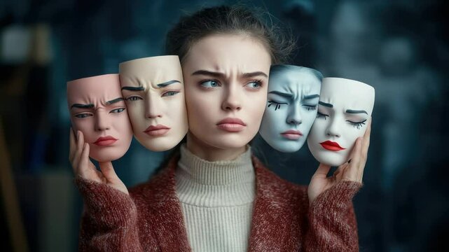 Emotional concealment: individual reflects on masks worn to express emotions, contrasting genuine self with social facades, psychological conflict between true identity and performed behavior.
