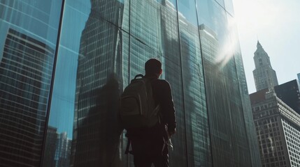 Facade cleaner in a harness washing glass panels on a corporate building. Featuring safety and skill