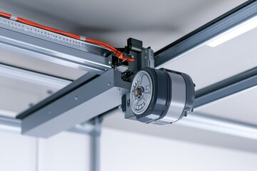 Industrial ceiling-mounted motor unit with wires and metallic structure.