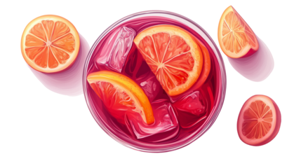 Sangria in a glass with visible fruit slices, red liquid, top view, photorealistic PNG 