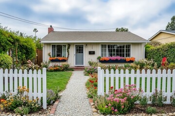 Charming ranch house with white picket fence and vibrant flowerbeds.