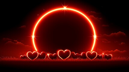 Crimson circle frames a field of love hearts.