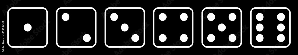 Poster die icon set with all six faces in white color outline. ludo game dice symbols collection in outline
