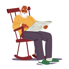 Relaxed senior man cartoon character reading newspaper sitting on rocking chair isolated on white