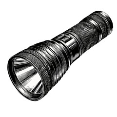 Detailed illustration of a flashlight, black and white, portable lighting device against a white background with copy space