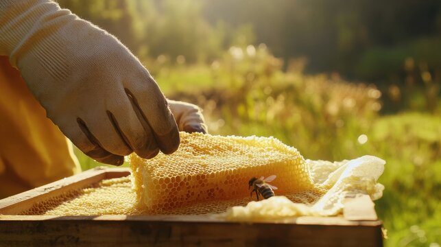 Beekeeper inspecting a honeycomb frame. Featuring care and sustainability