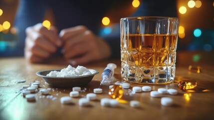 Person struggling with addiction surrounded by drugs and alcohol