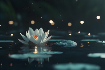 Illuminated white lotus flower floats serenely on dark water.