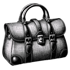Vintage etching of a travel bag, monochrome, luggage illustration against a white background with copy space