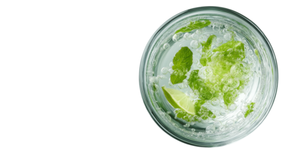 Lime and mint infused sparkling water in clear tumbler, isolated PNG with detail, top view