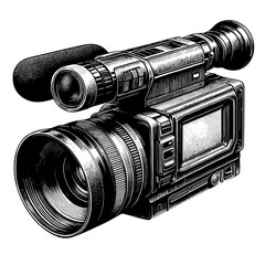 Detailed engraving of a video camera, black and white, professional recording equipment against a white background with copy space