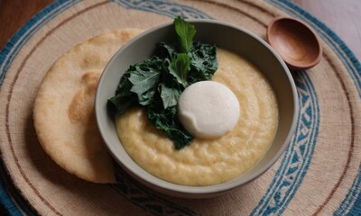 Traditional dish featuring creamy corn base topped with fresh greens and a dollop of cream served with flatbread on a rustic table