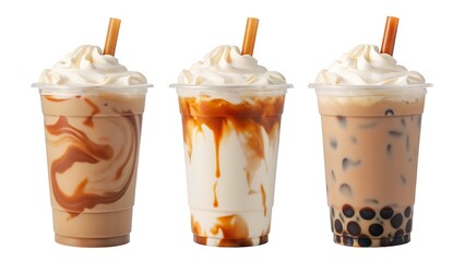 Three plastic cups filled with boba tea topped with whipped cream and caramel drizzle on white background