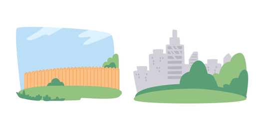 Countryside and city park green landscape background for summer leisure activity cartoon set © Anna Syvak