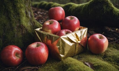 Bright red apples arranged in a golden basket placed on moss-covered ground surrounded by trees in a serene forest setting