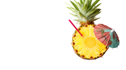 Tropical cocktail in hollowed-out pineapple, umbrella and straw, top-down PNG on clean white