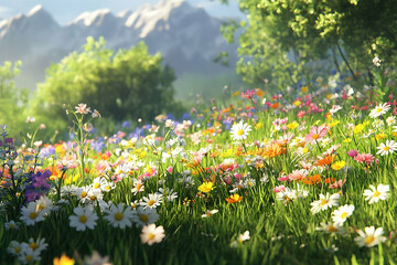 Fototapeta premium A vibrant meadow bursts with colorful wildflowers.